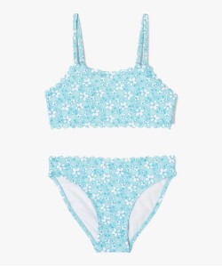 Maillot de bain fille 2 pièces à motifs fleuris et finitions dentelées